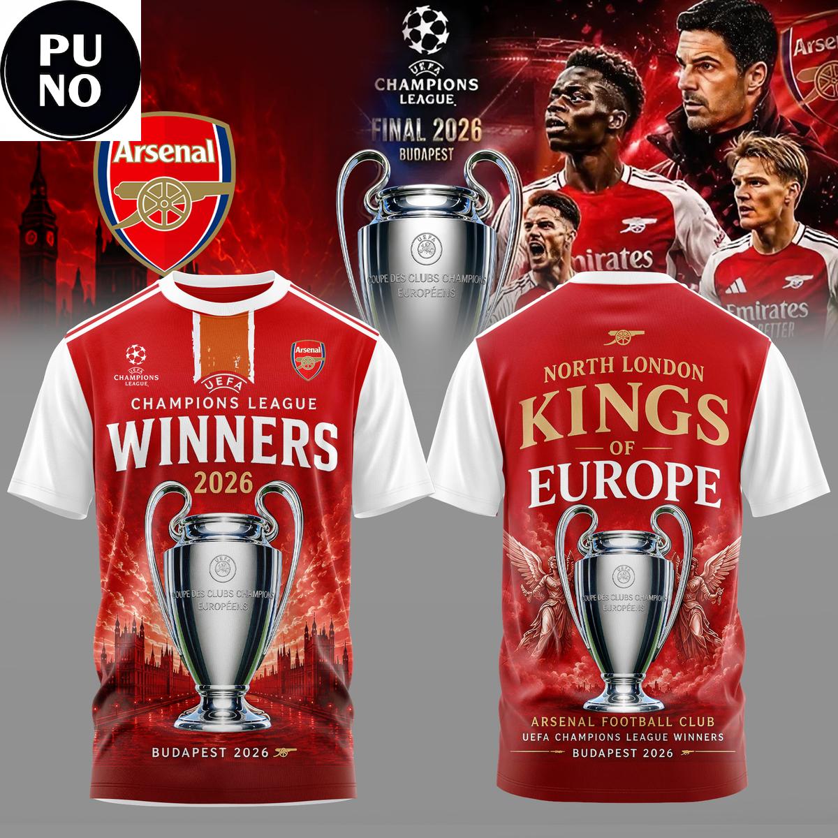 Arsenal FC UEFA Champion League Winners 2026 Kings of Europe Hoodie T-Shirt