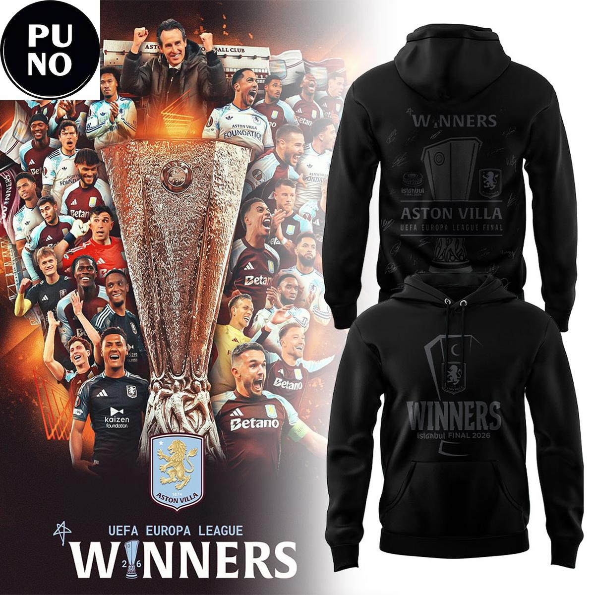 Aston Villa FC Winners UEFA Europa League 2026 All Black Hoodie T-Shirt