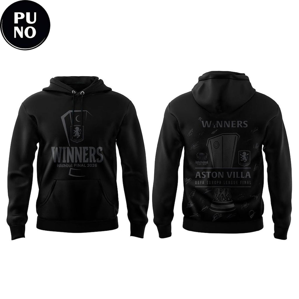 Aston Villa FC Winners UEFA Europa League 2026 All Black Hoodie T-Shirt