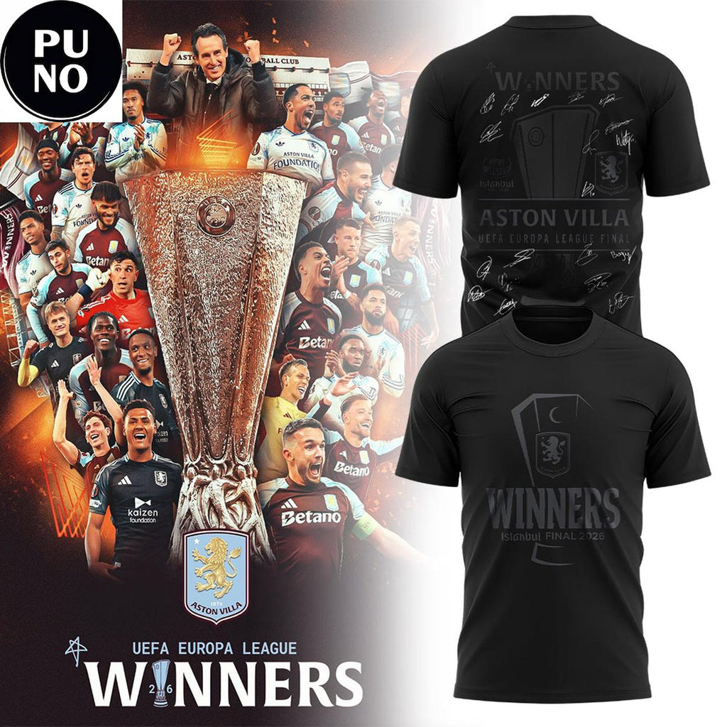 Aston Villa FC Winners UEFA Europa League 2026 All Black Hoodie T-Shirt