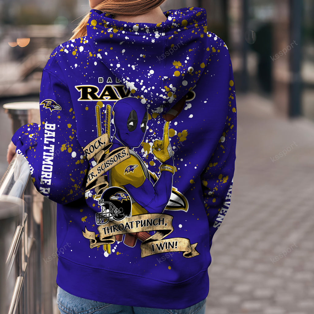 Custom NFL Baltimore Ravens Hoodie Leggings Rock Paper Scissors Throat Punch I Win Hoodie