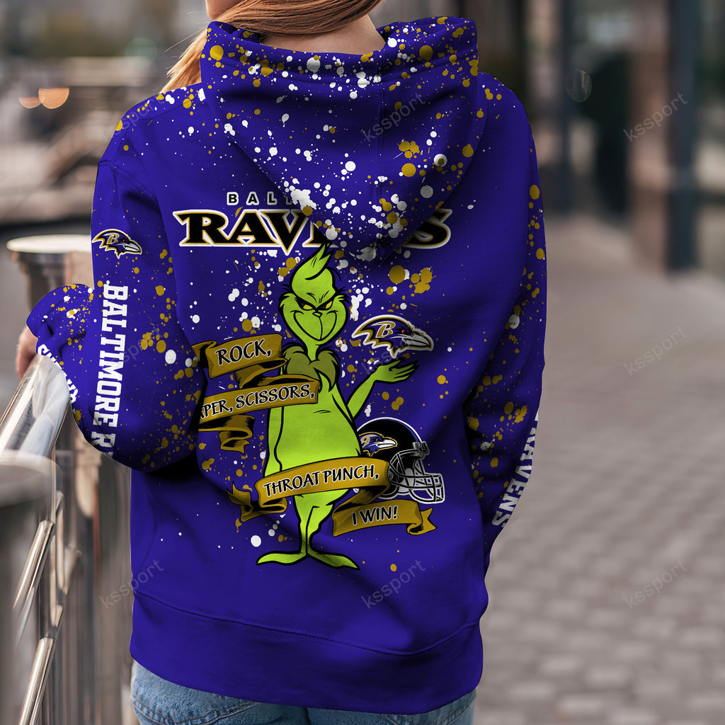 Custom NFL Baltimore Ravens Hoodie Leggings The Grinch Hoodie Rock Paper Scissors Throat Punch I Win