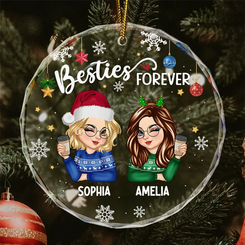 Besties Forever Christmas - Personalized Circle Glass Ornament - Christmas Gift for Besties, Sisters, Best Friends