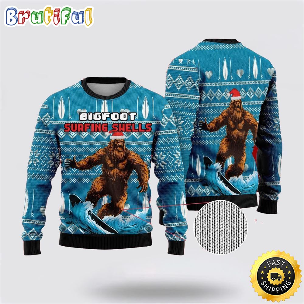 Bigfoot Surfing Swells Ugly Christmas Sweater