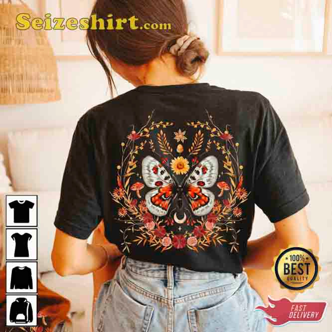 Boho Floral Wreath Butterfly Cotton T-Shirt