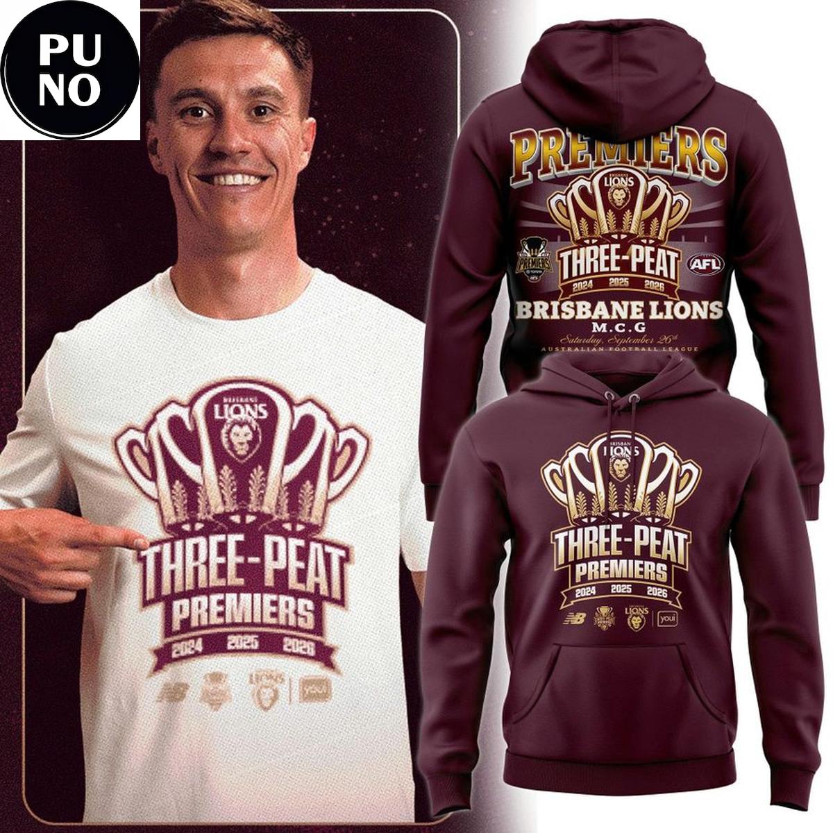 Brisbane Lions 2026 Three-Peat Premiers Champions Hoodie T-Shirt