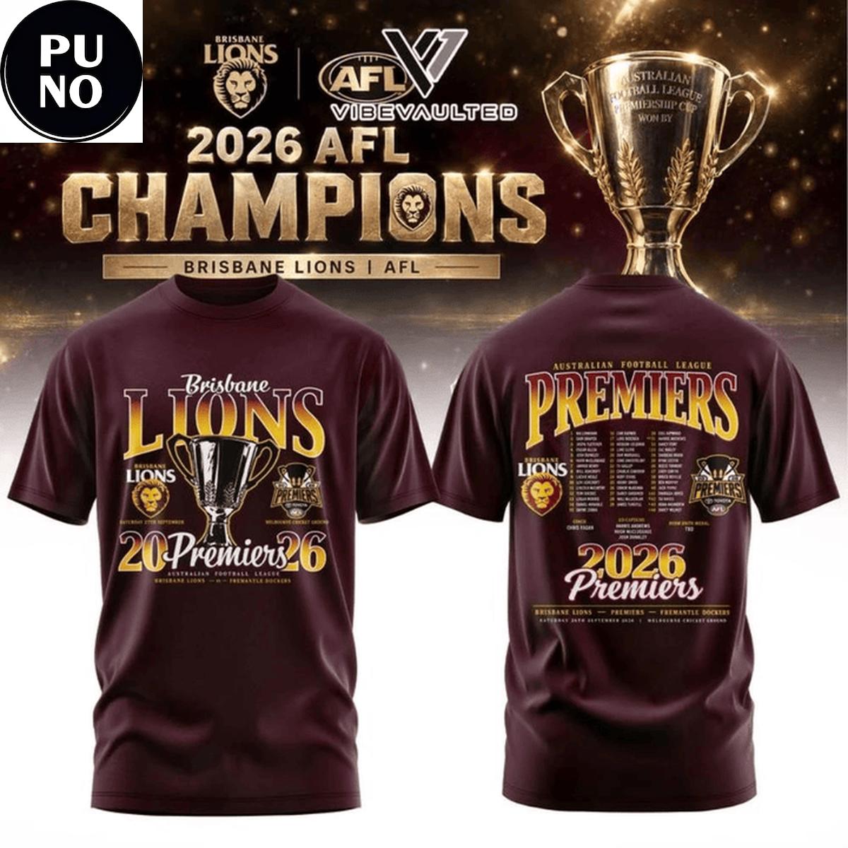 Brisbane Lions Premiers 2026 Three Peat Team Roster T-Shirt