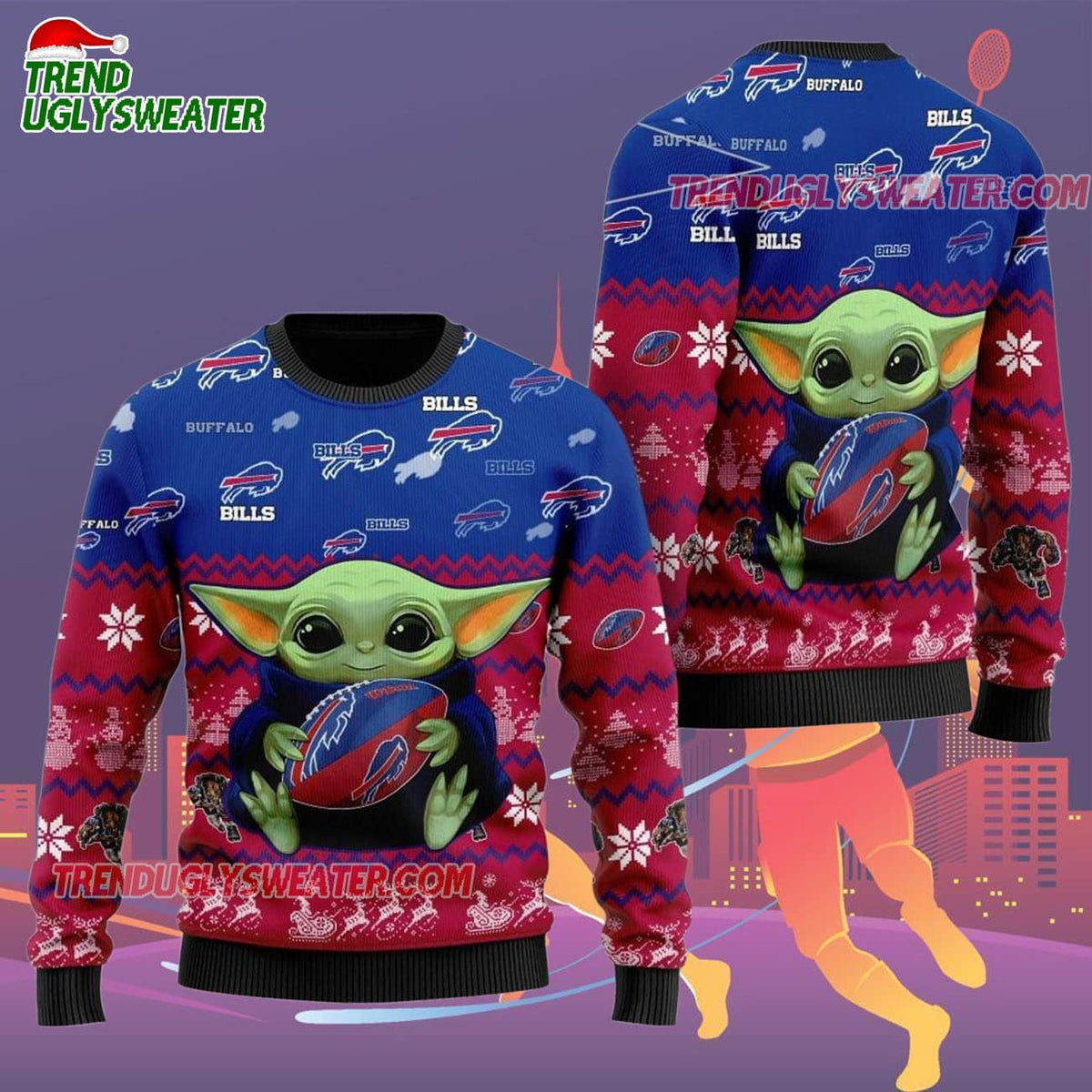 Buffalo Bills Baby Yoda Hug The Ball Christmas Ugly Sweater
