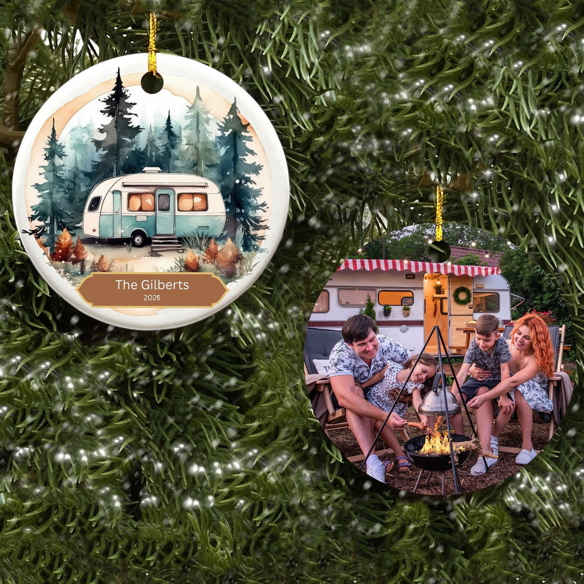Custom Photo RV Travel Trailer Camping - Personalized Circle Ceramic Ornament - Christmas Gift for Camping Lovers
