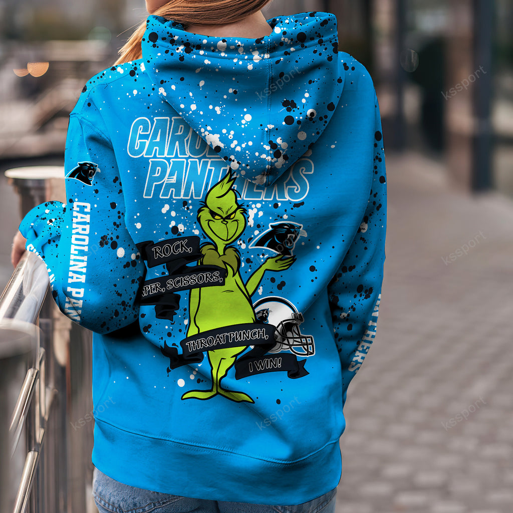 Custom NFL Carolina Panthers Hoodie Leggings The Grinch Hoodie Rock Paper Scissors Throat Punch I Win