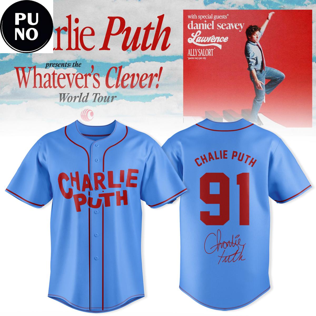 Charlie Puth Whatevers Clever World Tour 2026 Baseball Jersey