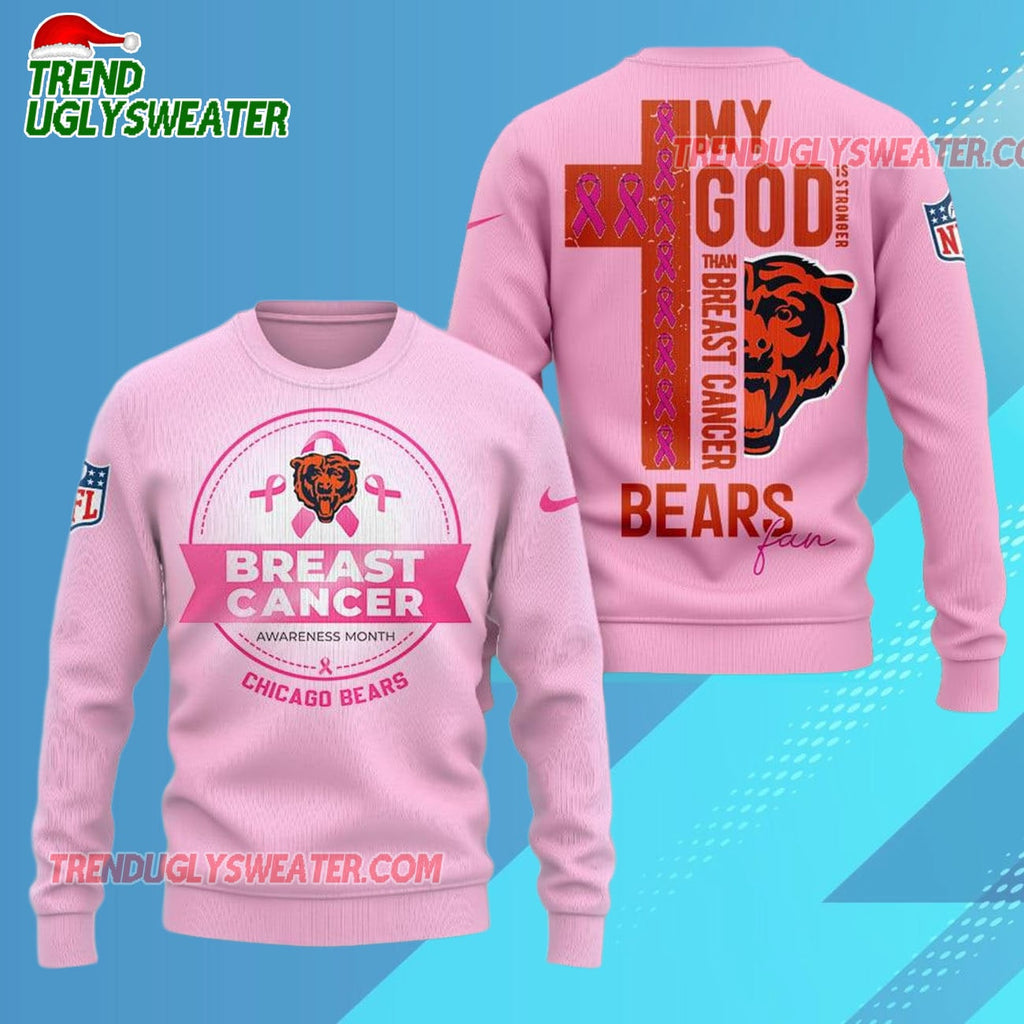 Chicago Bears 2025 NFL My God Is Stronger Than Breast Cancer Chritmas Sweater