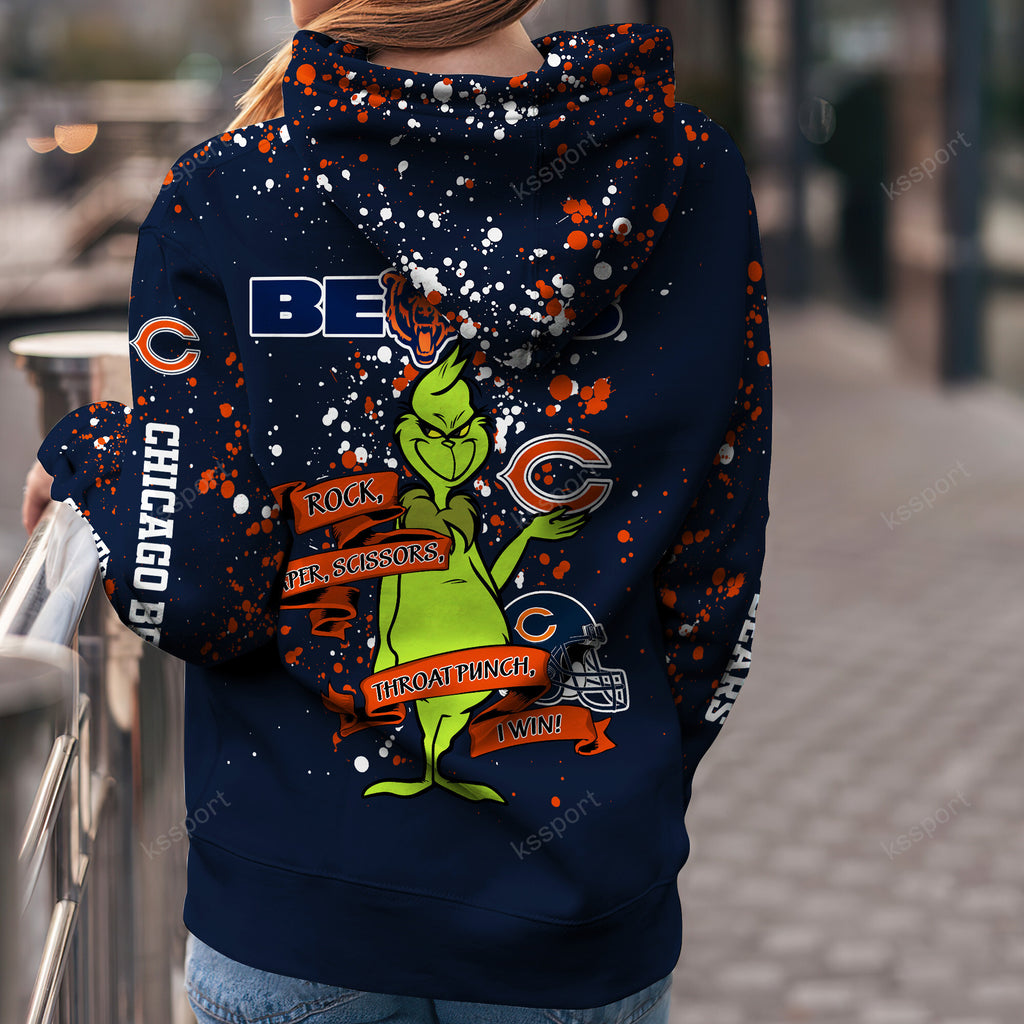 Custom NFL Chicago Bears Hoodie Leggings The Grinch Hoodie Rock Paper Scissors Throat Punch I Win