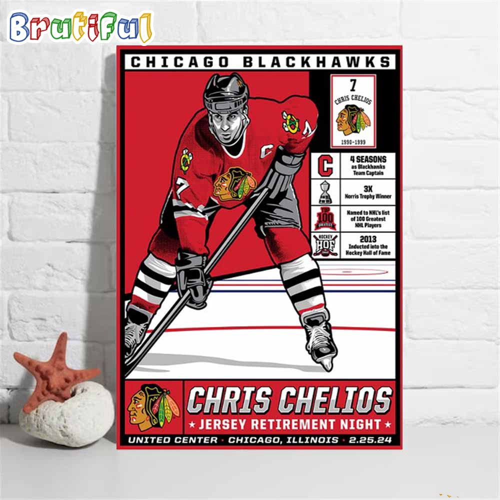 Chicago Blackhawks Chris Chelios Jersey Retirement Night United Center Chicago IL 2.25.24 Poster Canvas