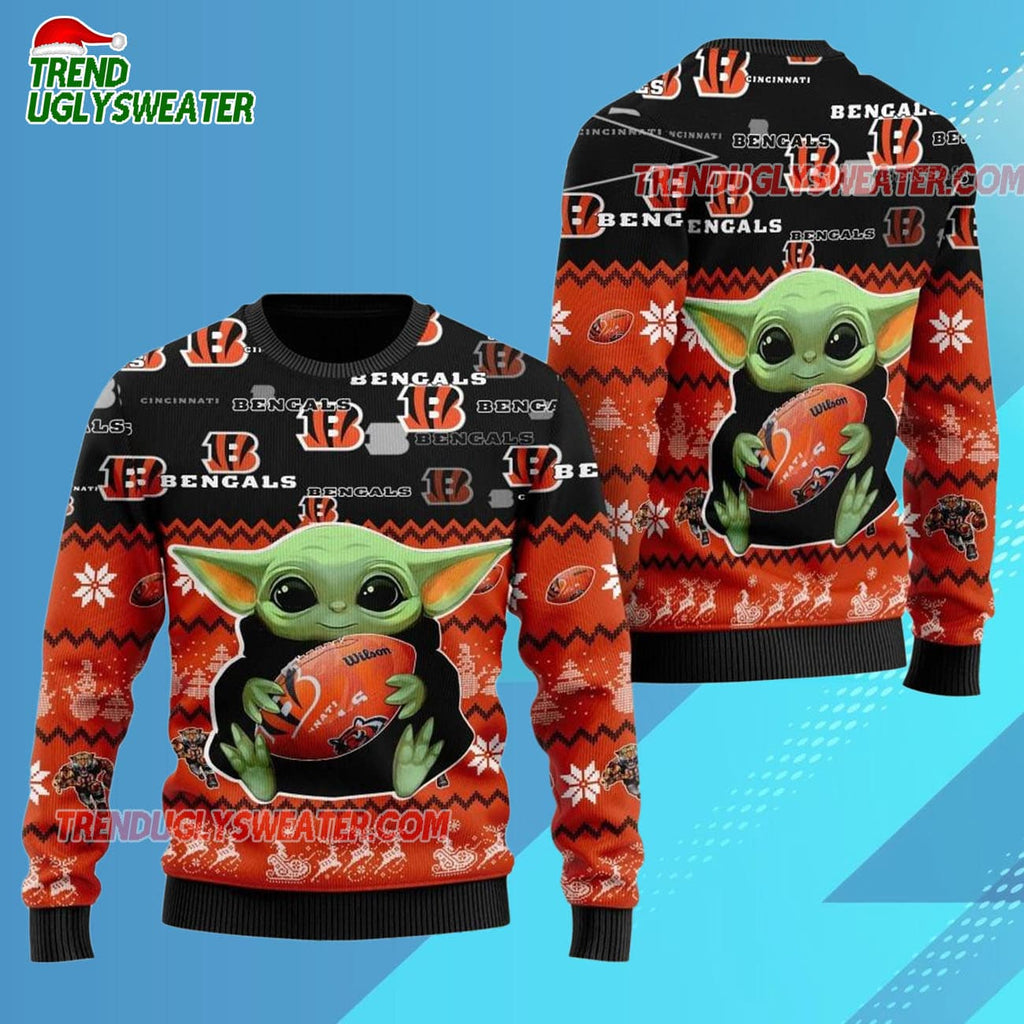 Cincinnati Bengals Baby Yoda Hug The Ball Christmas Ugly Sweater