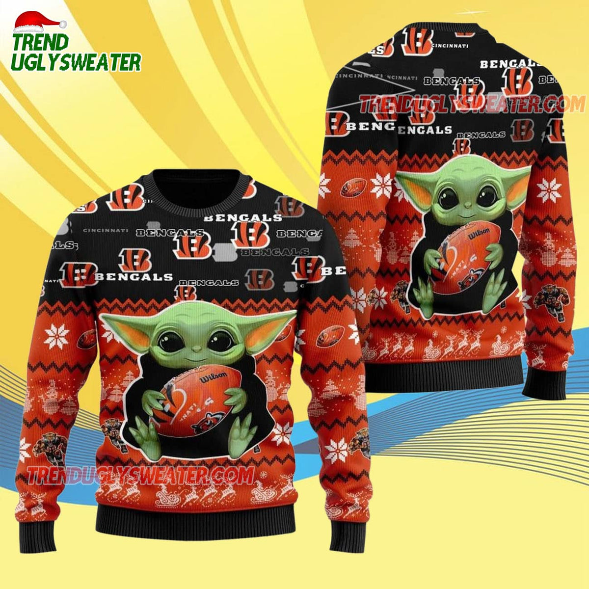 Cincinnati Bengals Baby Yoda Hug The Ball Christmas Ugly Sweater