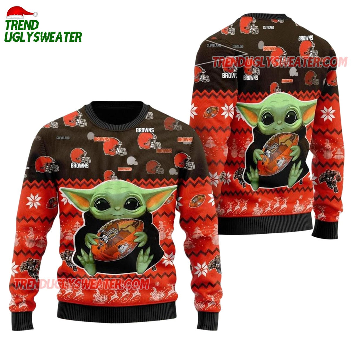 Cleveland Browns Baby Yoda Hug The Ball Christmas Ugly Sweater