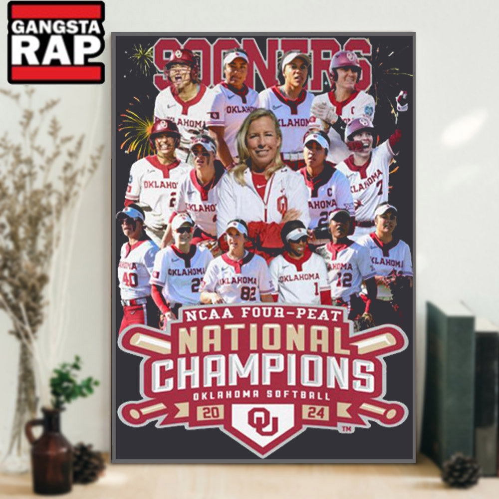 Crimson Oklahoma Sooners Four Peat NCAA Softball Women’s Champions Logo Poster Canvas Art