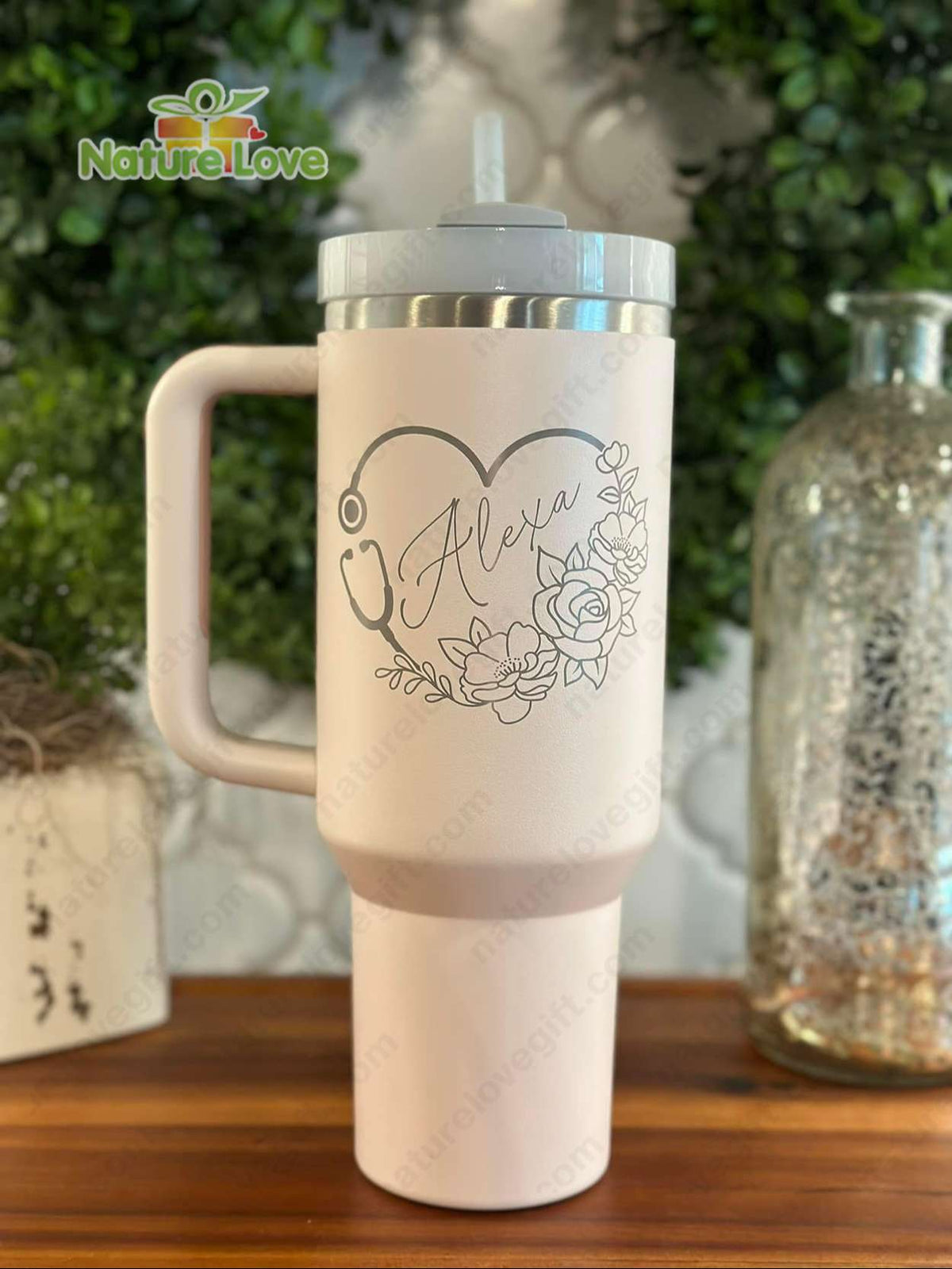 Custom Name 40oz Stanley Tumbler with Floral Stethoscope Valentine Gift