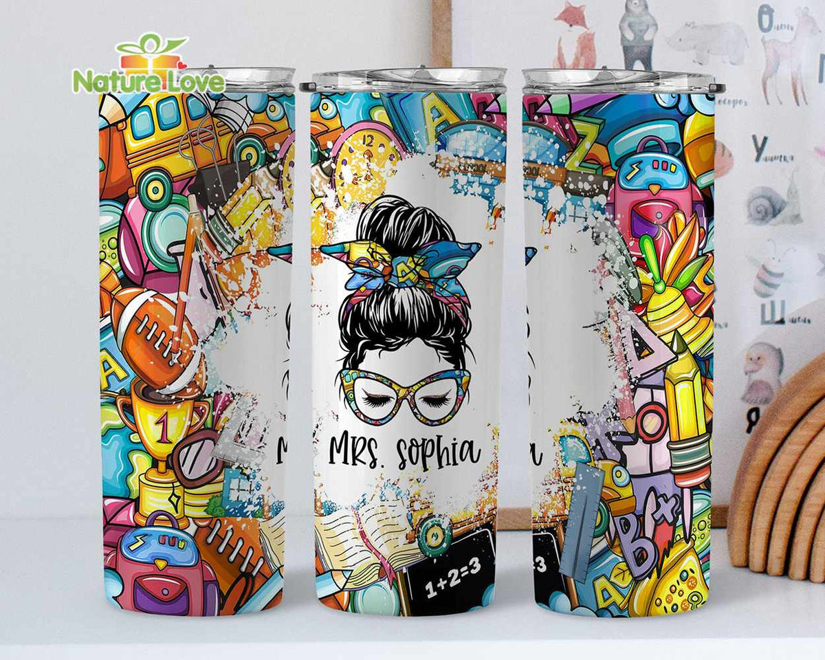 Custom Name Teacher Life Messy Bun 20 oz Skinny Tumbler Back to School Gift