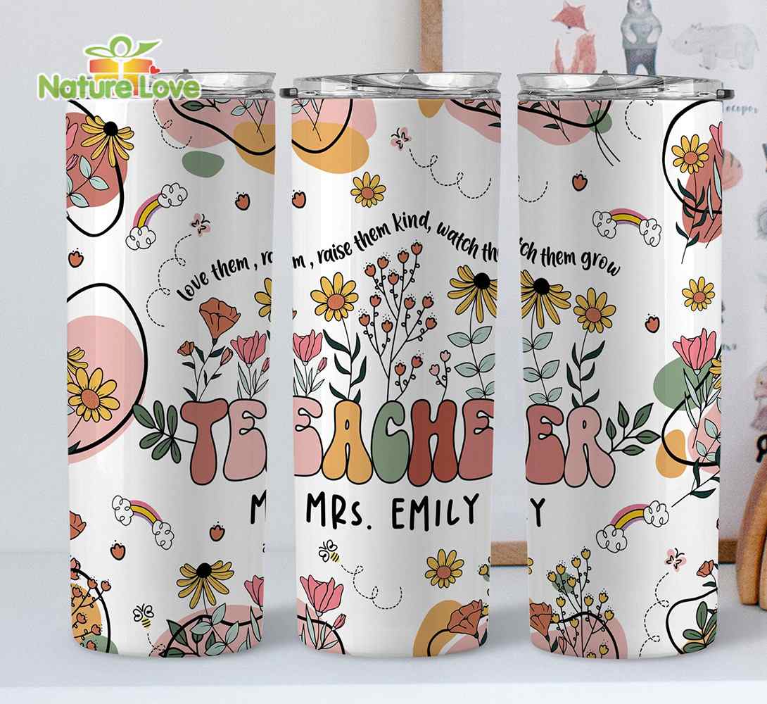 Wildflower Custom Teacher Name 20 oz Skinny Tumbler Back to School Gift