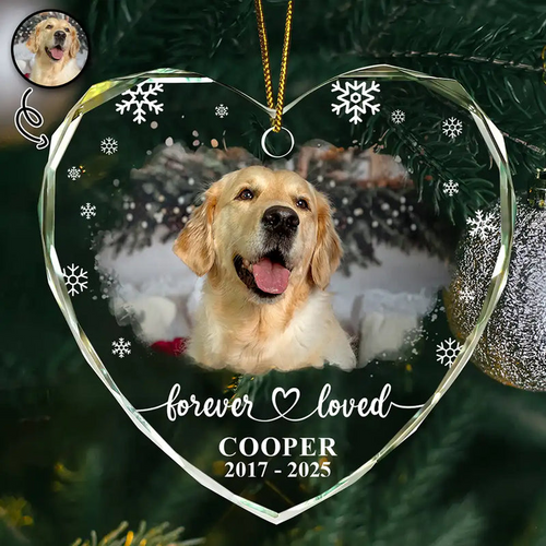 Custom Photo Forever Loved Memorial Dog Cat - Personalized Heart Shaped Glass Ornament - Sympathy Gift For Pet Owners, Pet Lovers