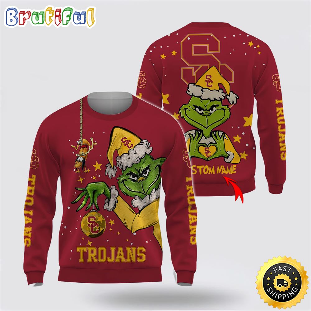 Custom Name NCAA USC Trojans Ugly Sweater Grinch Funny Christmas Football Sweater