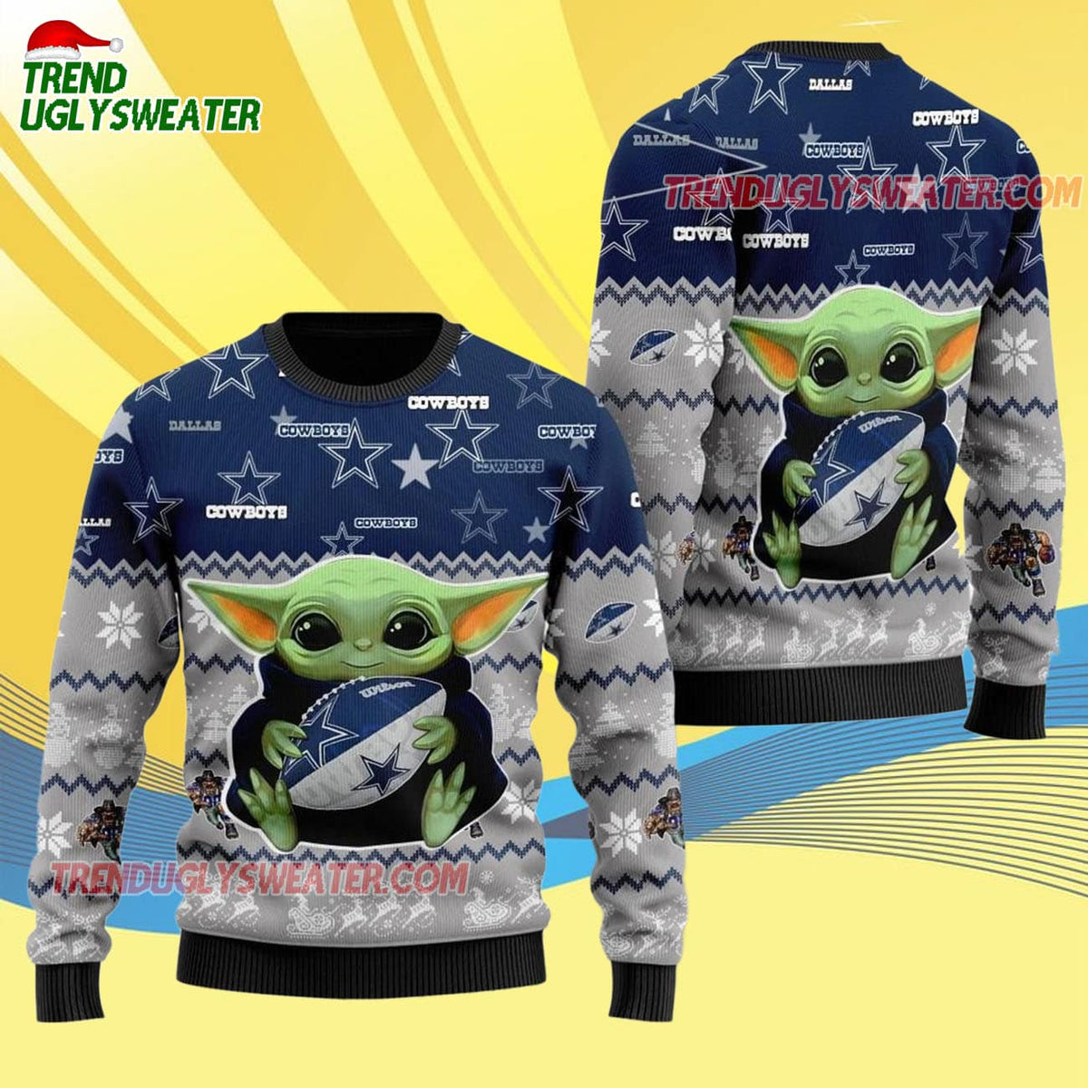 Dallas Cowboys Baby Yoda Hug The Ball Christmas Ugly Sweater