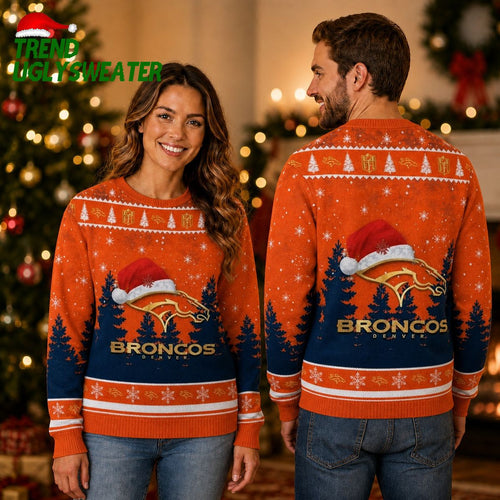 Denver Broncos Christmas Hat Broncos Logo Pattern For Holiday Ugly Christmas Sweater