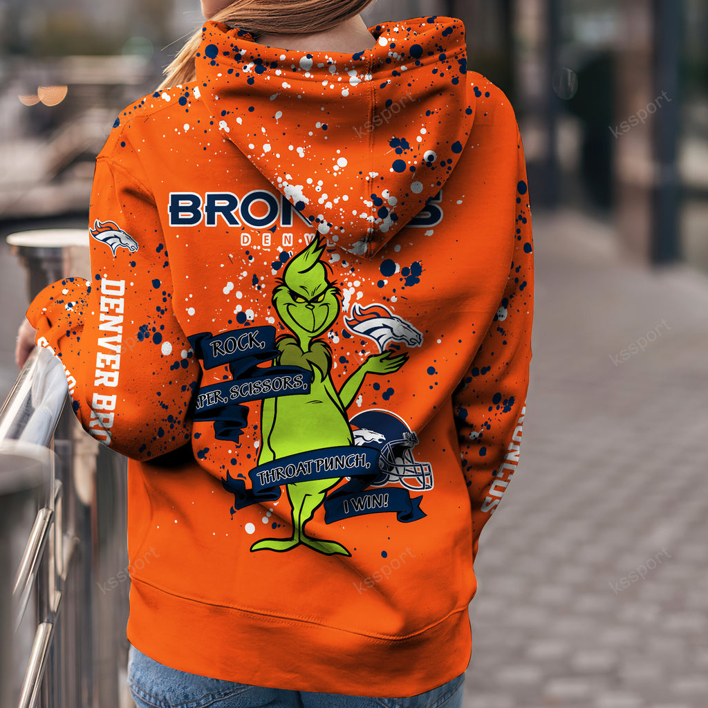 Custom NFL Denver Broncos Hoodie Leggings The Grinch Hoodie Rock Paper Scissors Throat Punch I Win