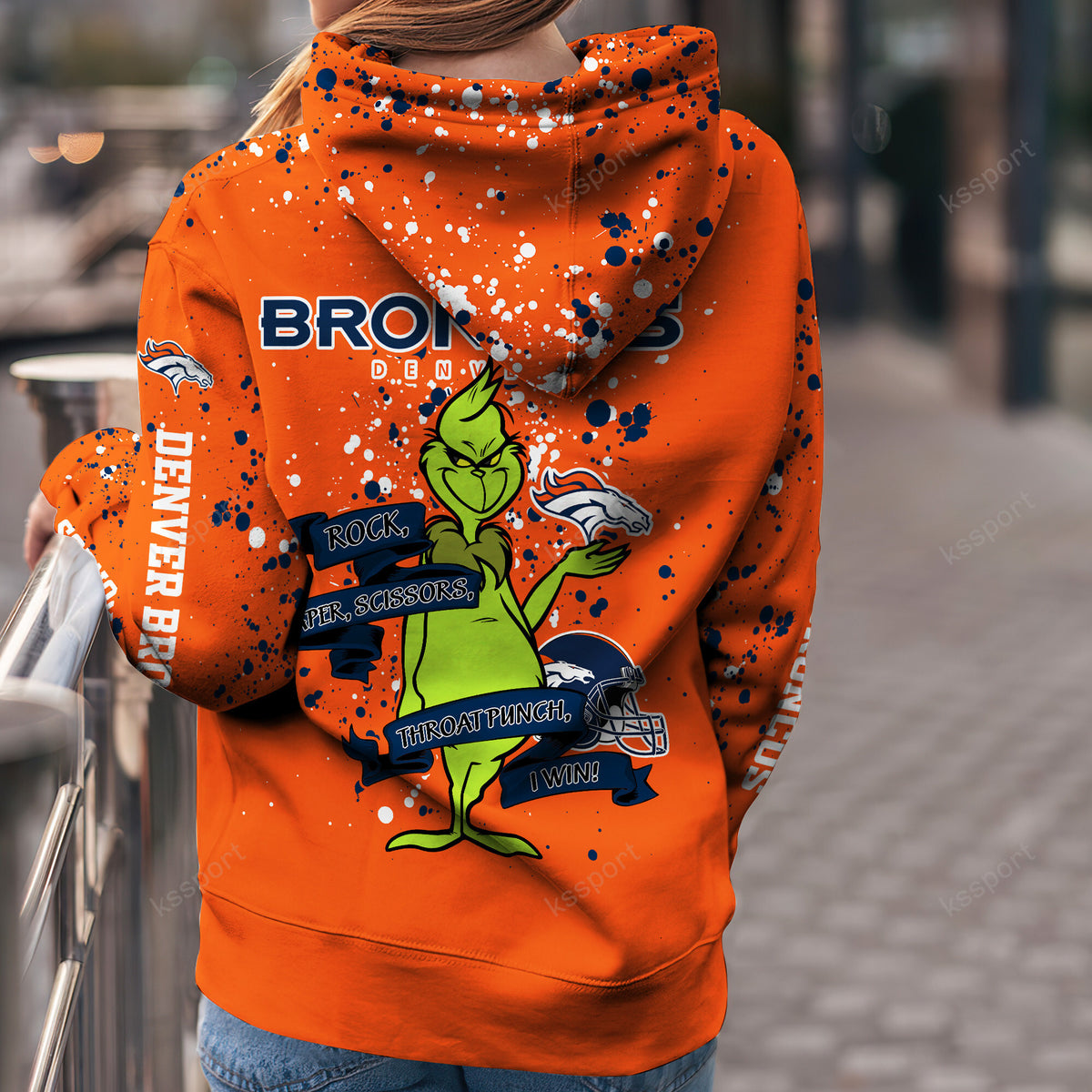 Custom NFL Denver Broncos Hoodie Leggings The Grinch Hoodie Rock Paper Scissors Throat Punch I Win