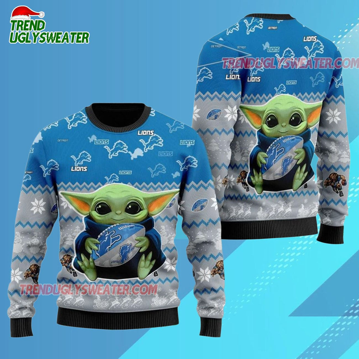 Detroit Lions Baby Yoda Hug The Ball Christmas Ugly Sweater