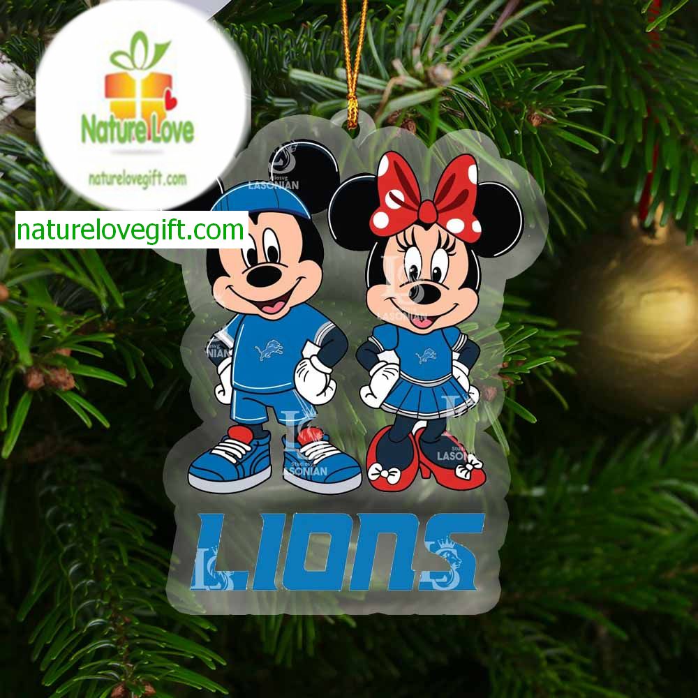 Detroit Lions Mickey And Minnie Rugby NFL Arcylic Christmas Tree Decor Ornament