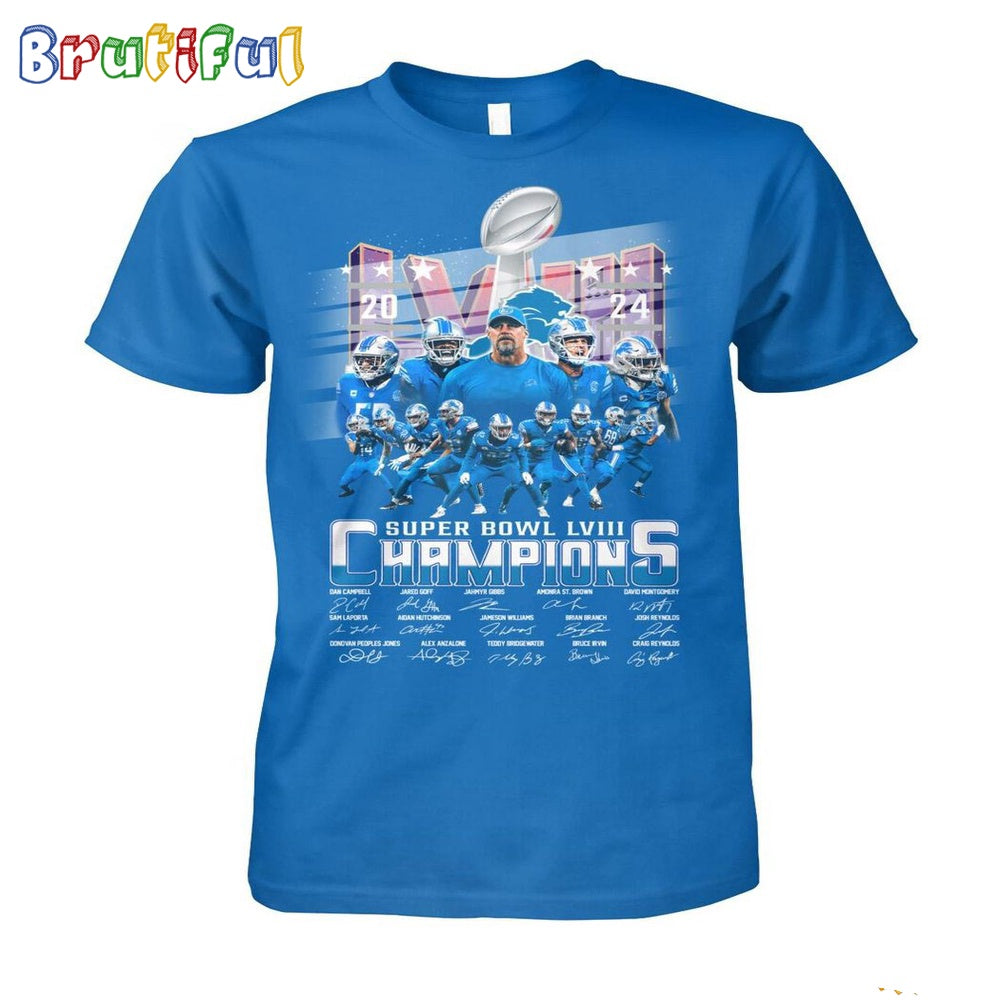 Detroit Lions Super Bowl LVIII 2024 Champions Signatures T-Shirt