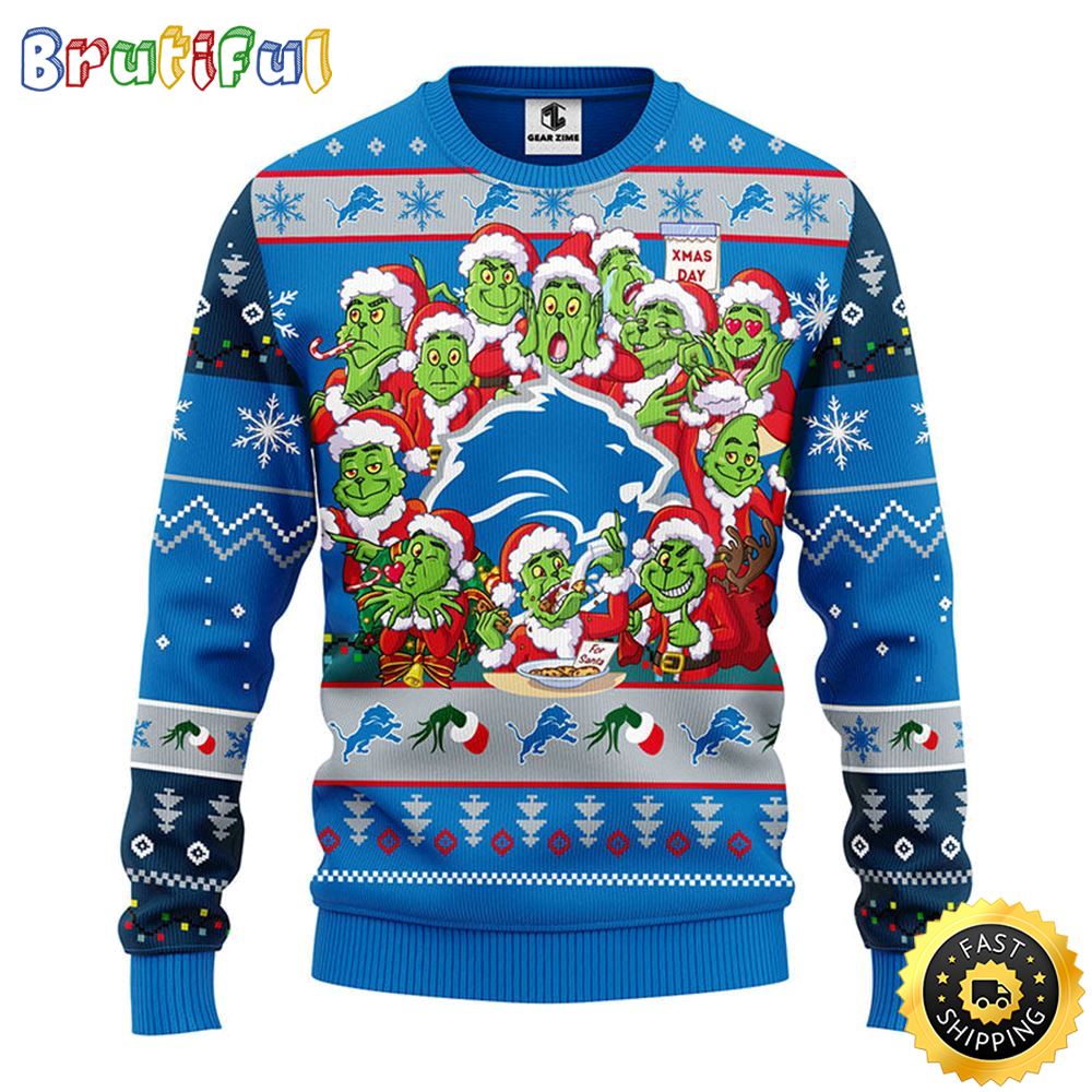 Detroit Lions Christmas Ugly Sweater Print 12 Grinch Xmas Day Show Your Team Spirit
