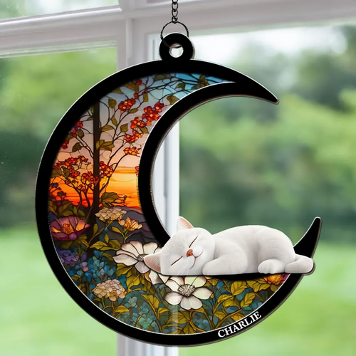 Dreaming Of Love - Personalized Window Hanging Suncatcher Ornament - Gift For Cat Mom, Cat Dad, Cat Lovers