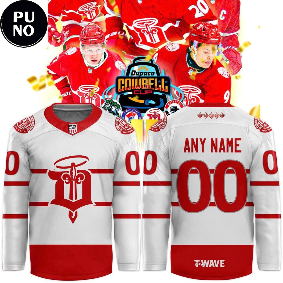Dubuque Fighting Saints 2026 Dupaco Cowbell Cup Champion Personalized Hockey Jersey