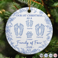 First Christmas As A Family Of Four Toile Footprints - Personalized Circle Ceramic Ornament - Babies First Christmas Gifts