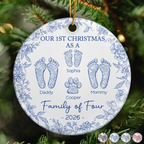 First Christmas As A Family Of Four Toile Footprints - Personalized Circle Ceramic Ornament - Babies First Christmas Gifts
