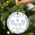 First Christmas As A Family Of Four Toile Footprints - Personalized Circle Ceramic Ornament - Babies First Christmas Gifts