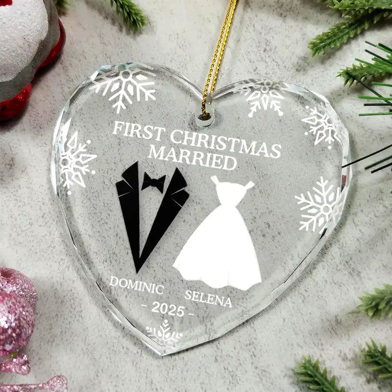 First Christmas As Married Couples - Personalized Heart Shaped Glass Ornament - Christmas Gift For Her/Him, Husband/Wife, Couples