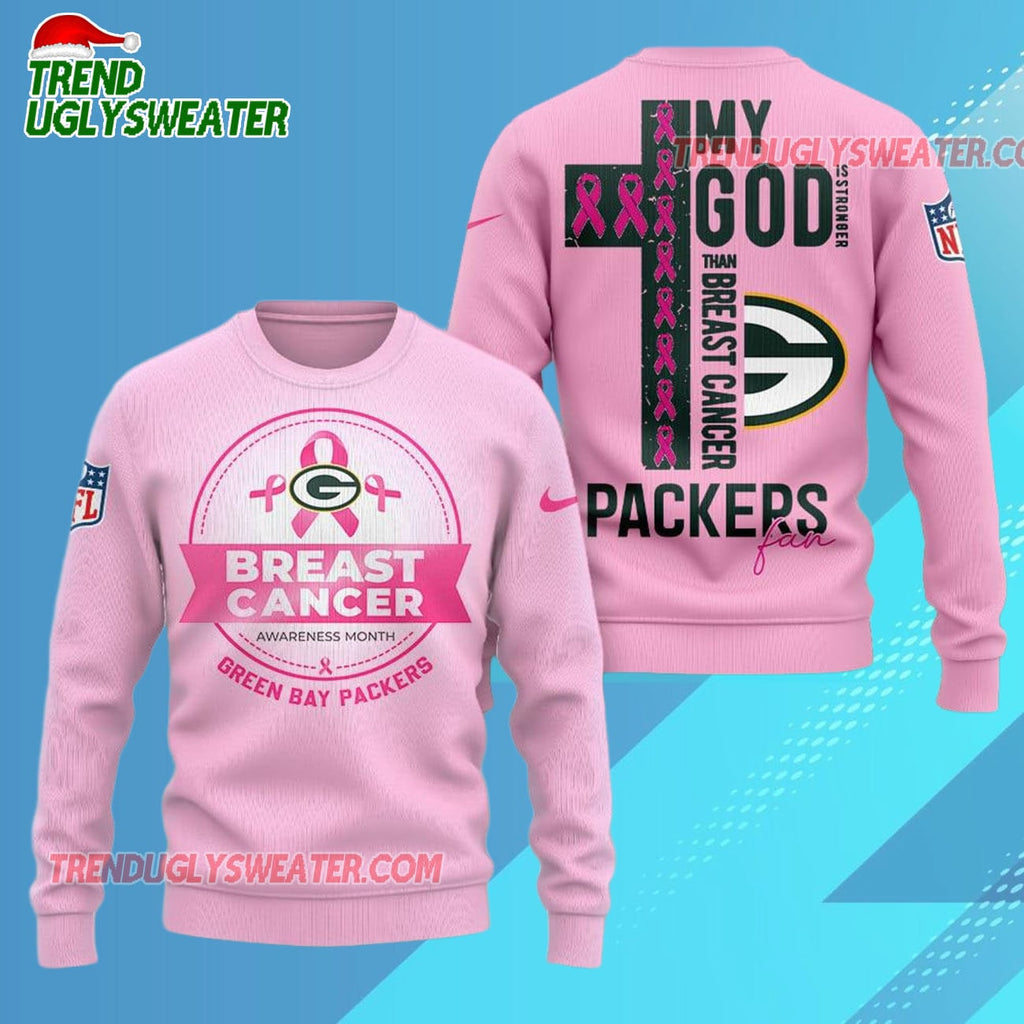 Green Bay Packers 2025 NFL My God Is Stronger Than Breast Cancer Chritmas Sweater