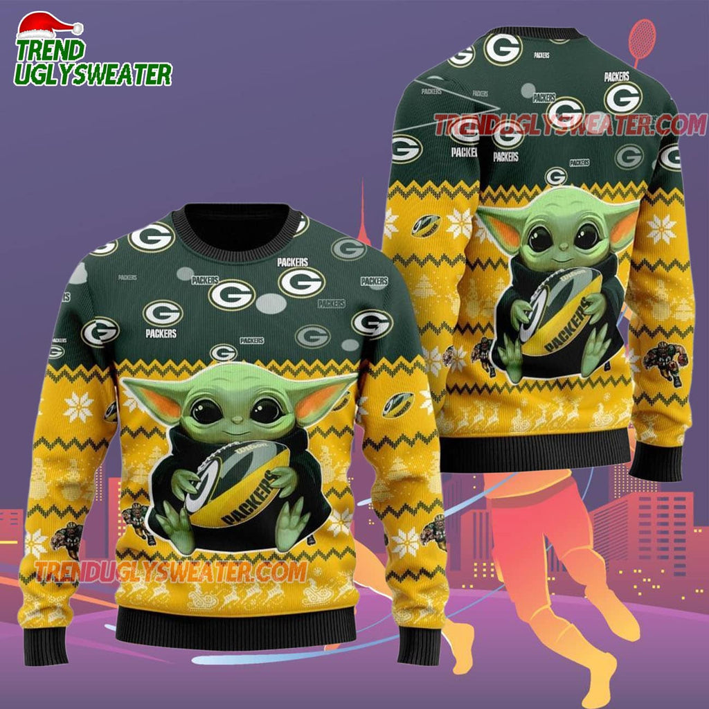 Green Bay Packers Baby Yoda Hug The Ball Christmas Ugly Sweater