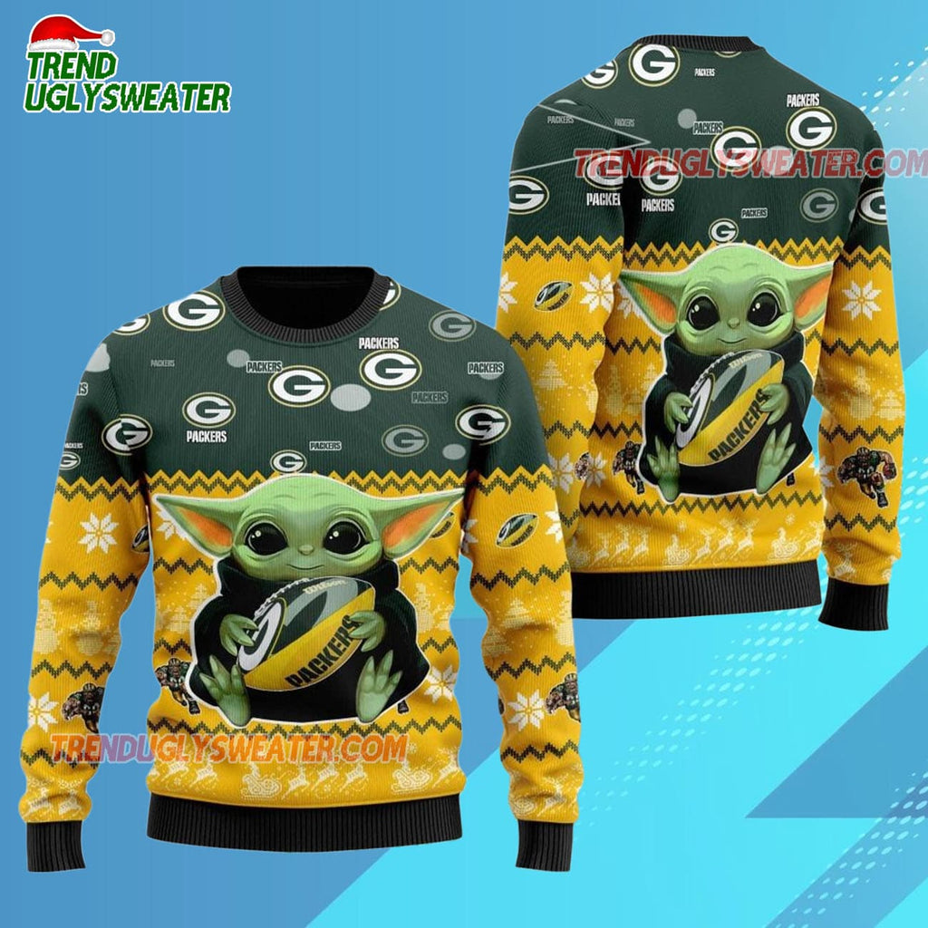 Green Bay Packers Baby Yoda Hug The Ball Christmas Ugly Sweater