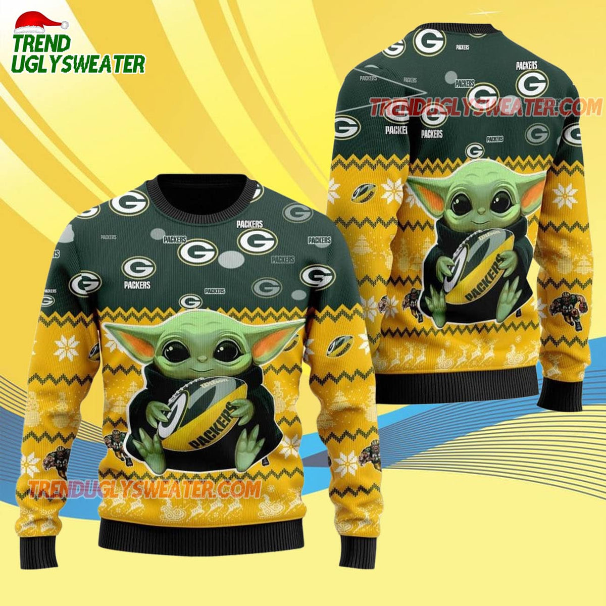Green Bay Packers Baby Yoda Hug The Ball Christmas Ugly Sweater