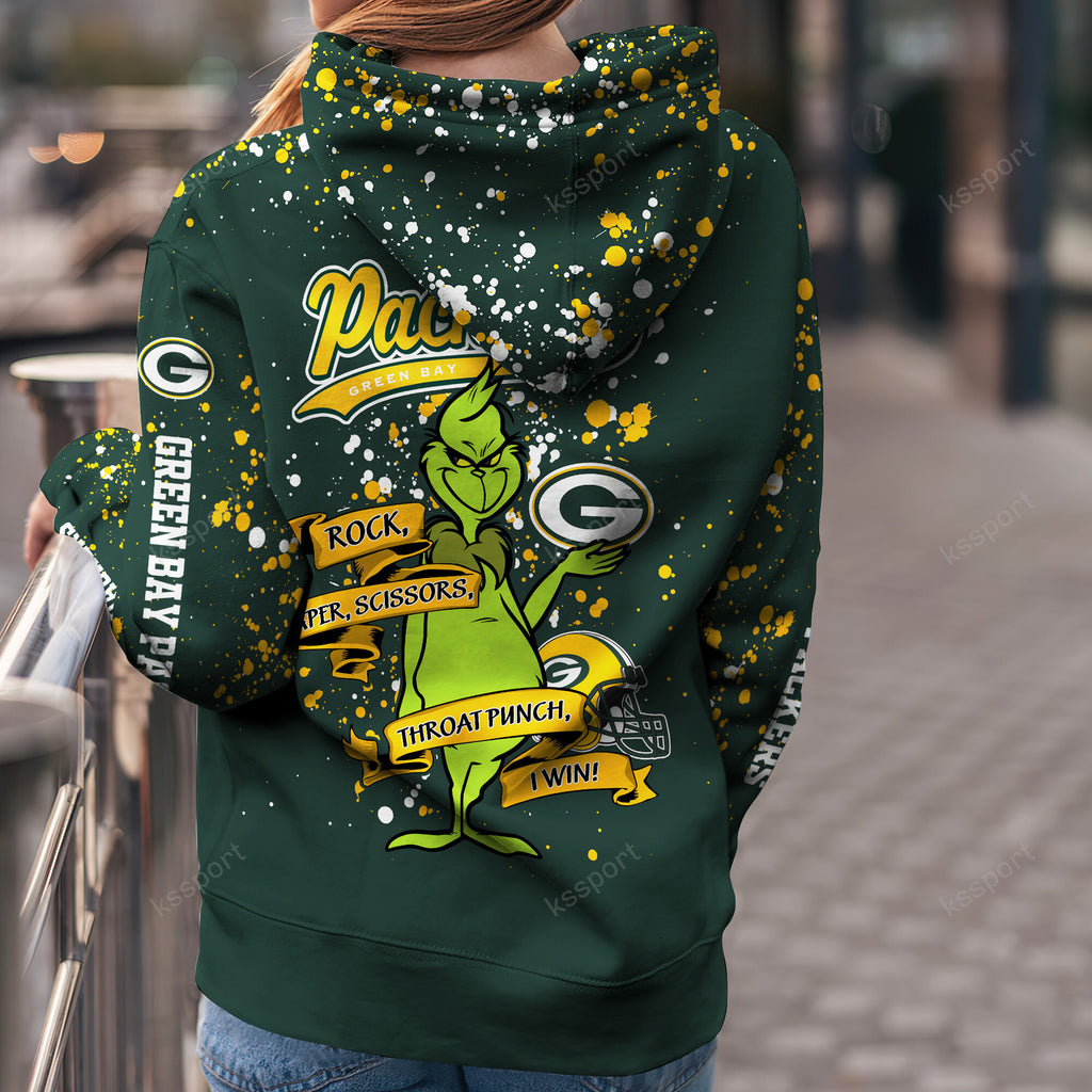 Custom NFL Green Bay Packers Hoodie Leggings The Grinch Hoodie Rock Paper Scissors Throat Punch I Win