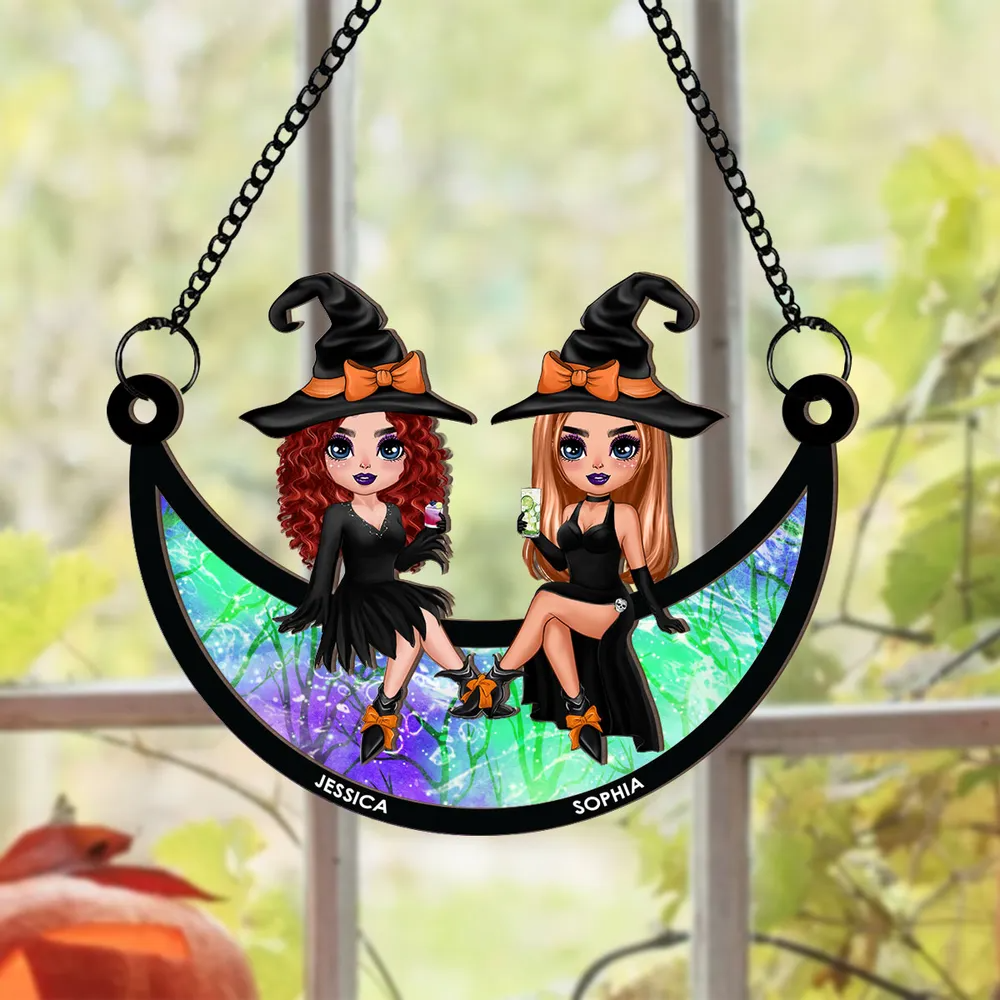 Halloween Witch Besties Sitting On Moon - Personalized Window Hanging Suncatcher Ornament - Gift For Her, Besties, Best Friends, Sisters