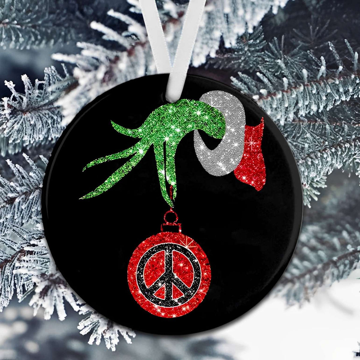 Hippie Sign Grinch Hand Holding Ornament Christmas, The Grinch Ornaments