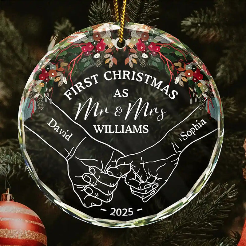 Holding Hands First Christmas Couple - Personalized Circle Glass Ornament - Christmas Gift For Her/Him, Husband/Wife, Couples