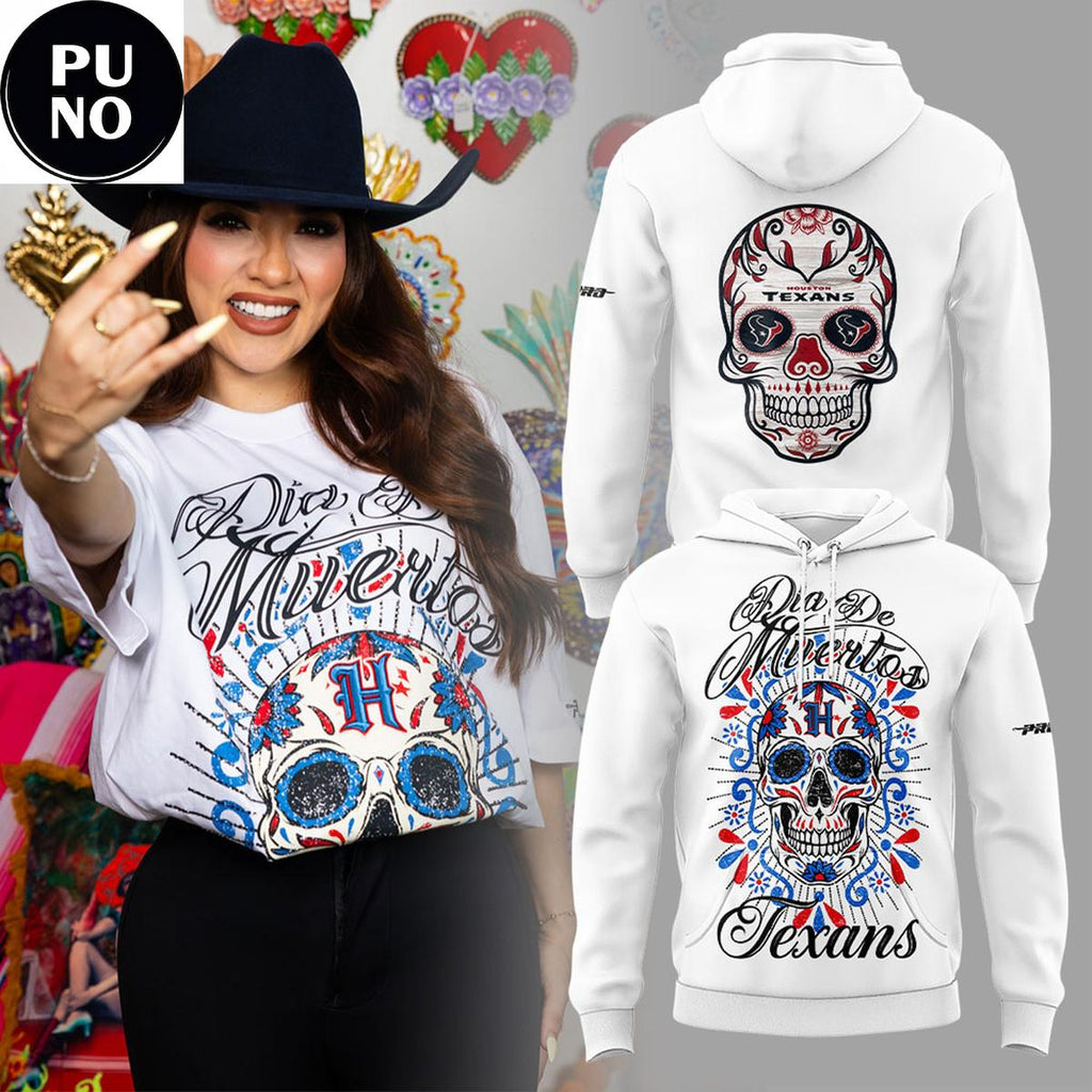 Houston Texans Dia de los Muertos 2026 White Hoodie T-Shirt